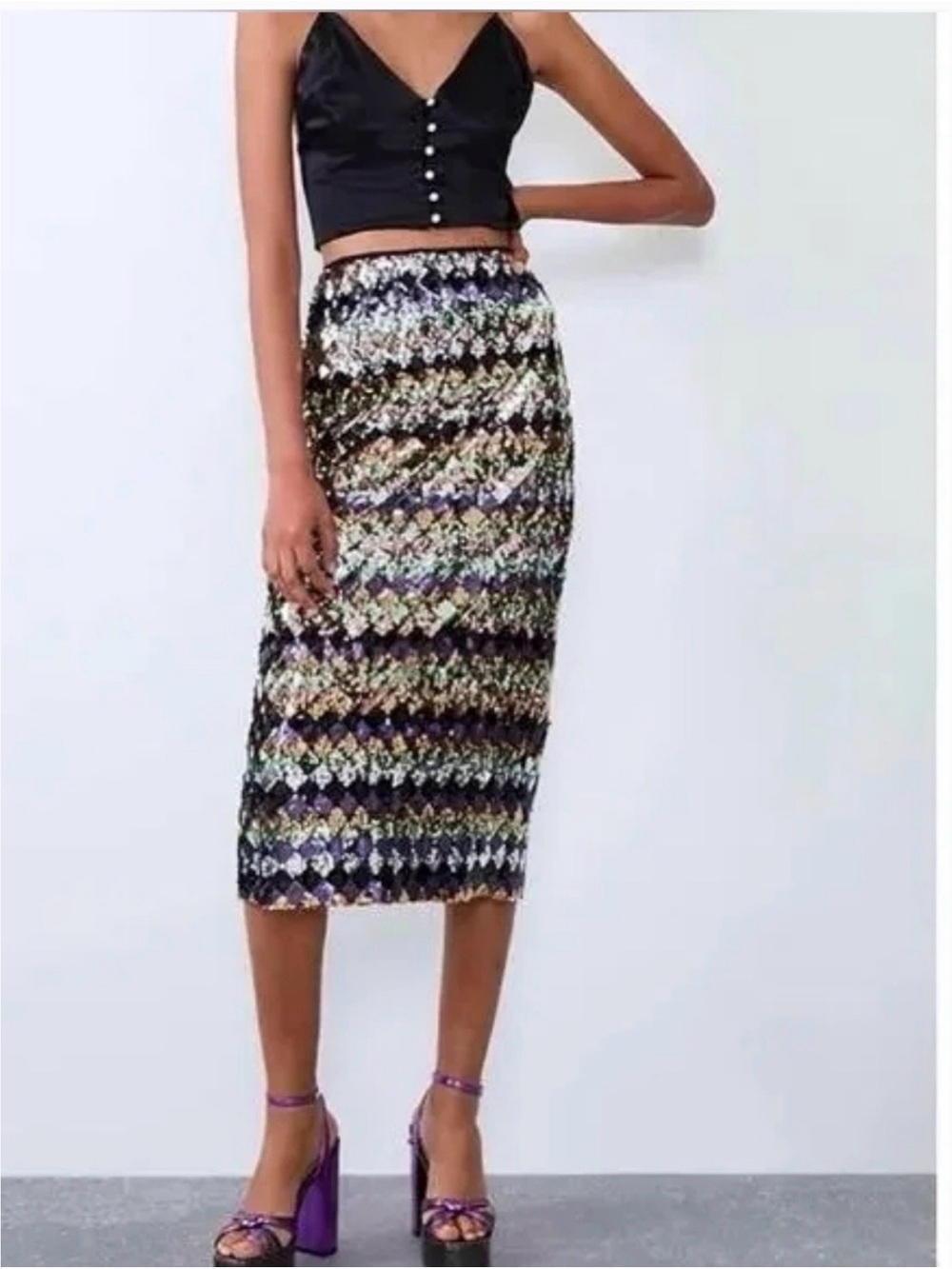 Zara NWT Sequin Diamond-Pattern Pencil Skirt in Multi